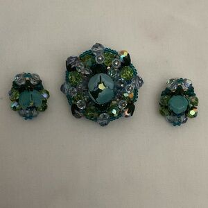 Vintage Dome Rosebud Blue/Green Glass and Swarovski Crystals brooch and earrings